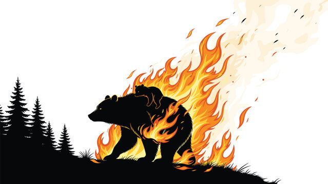 Silhouette of a large bear carrying a cub on its back while walking through a dangerous forest fire with orange flames and smoke.