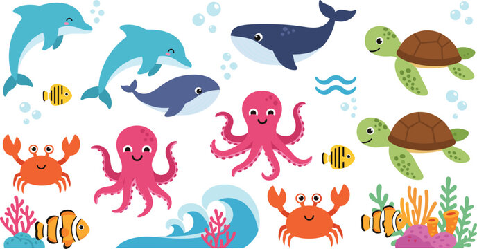 Cute ocean animals cartoon vector set featuring dolphin whale octopus crab turtle and tropical fish characters in playful marine style isolated on white background