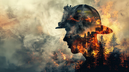 Dramatic double exposure portrait blending a firefighter helmet silhouette with blazing wildfire flames and burning forest trees in dark cinematic 