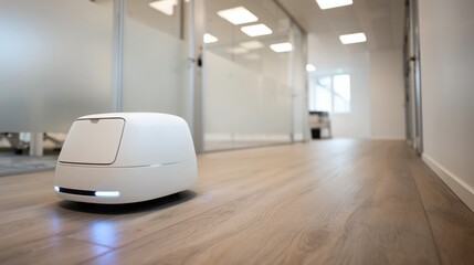 Compact white autonomous delivery robot moving silently along a polished wooden floor corridor in a modern bright office building interior with white walls and glass partitions in natural daylight