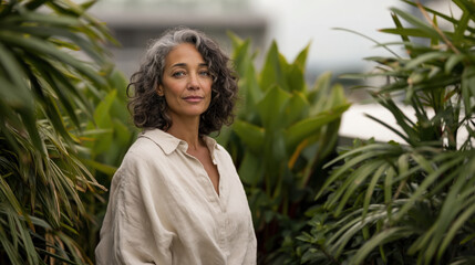 Portrait of a confident woman in her early forties with natural silver gray curly hair wearing a relaxed linen shirt 