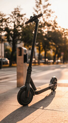 Sleek matte black electric kick scooter parked upright on a clean urban sidewalk during golden hour with warm sunset light soft bokeh and blurred trees and city buildings in the background