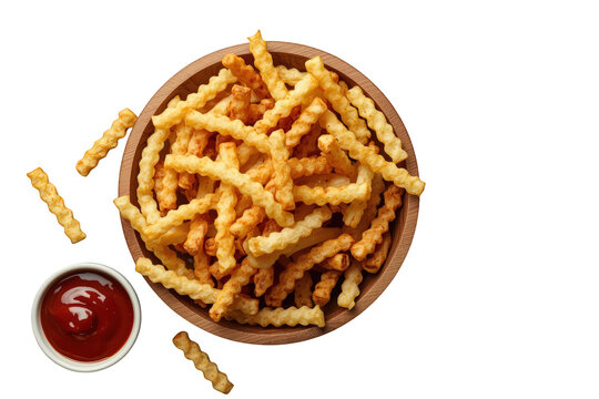 Crispy golden crinkle cut french fries with ketchup serving as a flavorful fast food snack, top view and transparent background