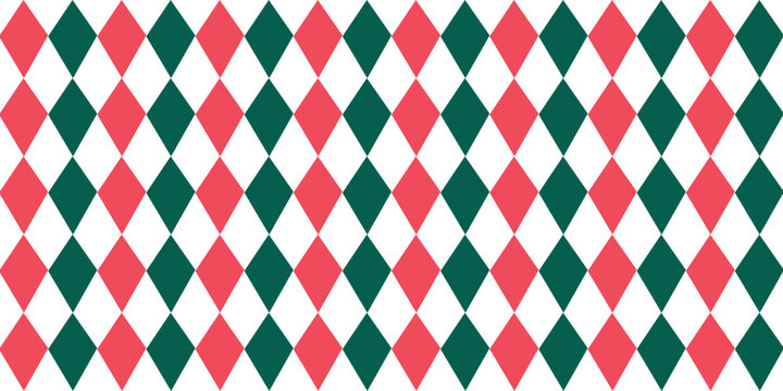 Christmas rhombus seamless pattern. Red and green xmas plaid texture with gold line. Argyle geometric diamond pattern. Christmas abstract wrapping bg. Vector illustration isolated on white background.