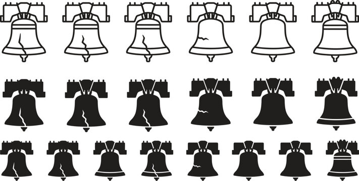 A collection of various liberty bell illustrations in black and white
