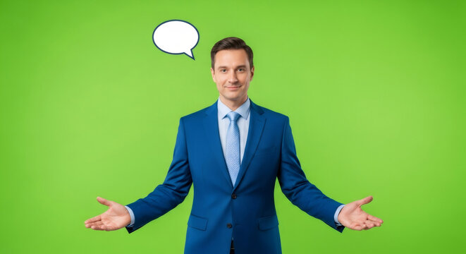 Man in blue suit with thought bubble over head on green screen. Cropped shot of business person with speech bubble.
