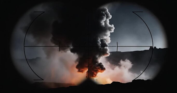 Volcano Eruption Viewed Through Military Sniper Rifle Scope