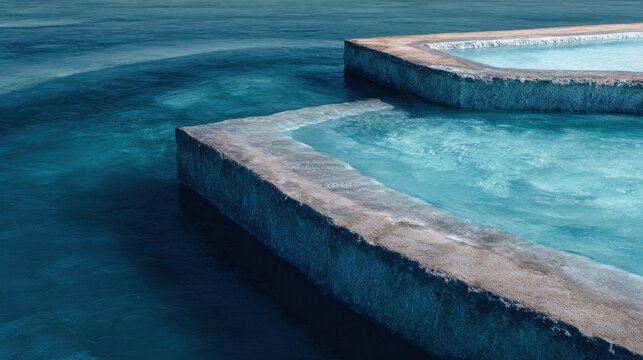 Water pools on a clear day with blue water and concrete edges near the coast in a relaxed outdoor space