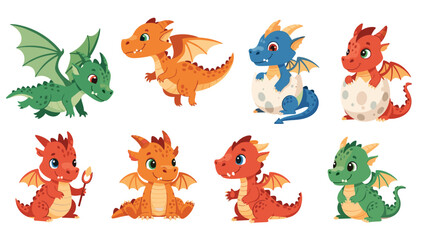 Fototapeta premium Extensive collection of colorful baby dragons in various colors like green, orange, red, and blue hatching and playing in different poses.