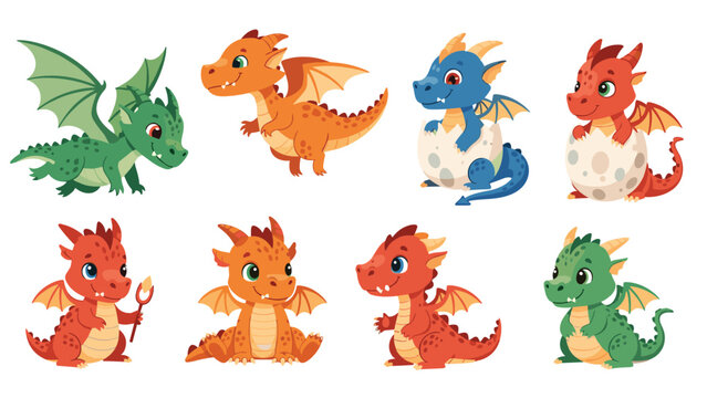 Extensive collection of colorful baby dragons in various colors like green, orange, red, and blue hatching and playing in different poses.