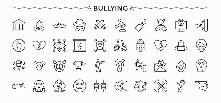 Bullying icon set. Includes thin line symbols sex, hate, violence, crime, assault. Offend icon set. Isolated icons. Pixel perfect. Editable stroke.
