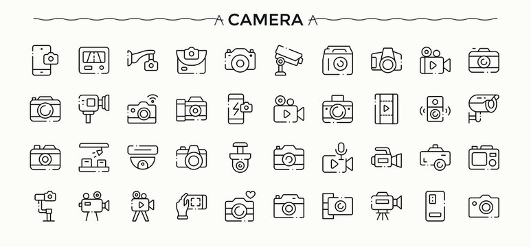 Camera icon set in linear style. Contain linear symbols film, media, capture, cam and more. Photography vector line icon set. Minimal icons collection. Editable vector art.
