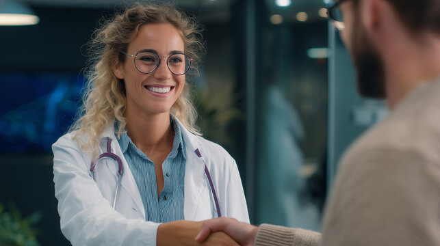 doctor greeting patient warmly in modern clinic, authentic healthcare interaction
