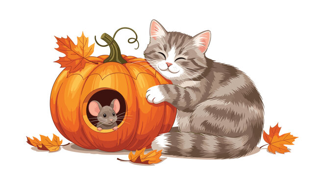 Adorable grey tabby kitten hugging a large orange pumpkin where a small grey mouse peeks out from a hole, surrounded by autumn maple leaves.