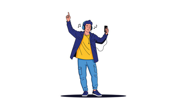 Young man in a blue jacket and yellow shirt dancing with headphones while listening to music on his smartphone, expressing joy and energy.