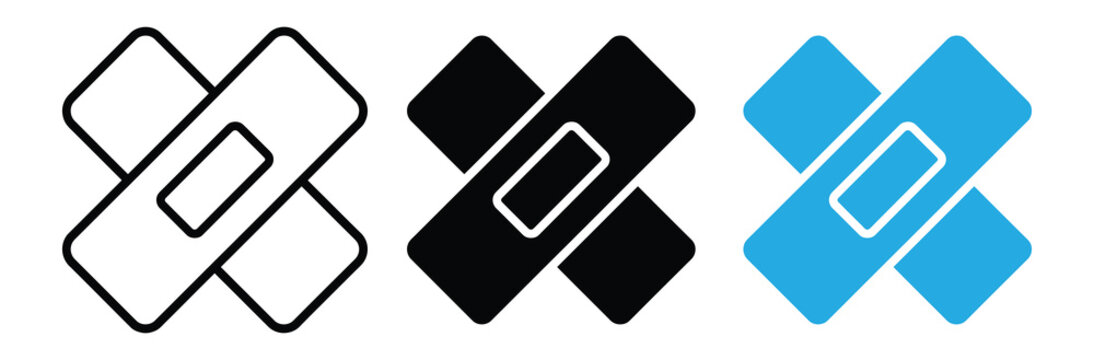 Medical Bandage and Adhesive Plaster Icon Set in Line, Silhouette, and Color Styles for First Aid and Healthcare Design