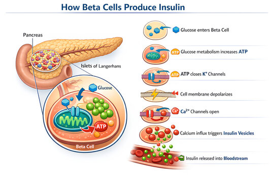 Medical infographic showing how pancreatic beta cells produce and release insulin step by step with clear visuals.