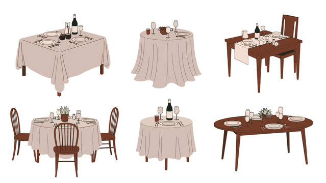 Selection of six different elegant restaurant table settings featuring various linens, glassware, wine bottles, and dinnerware sets.
