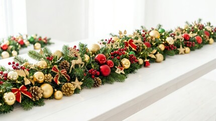 Fototapeta premium Elegant Christmas garland with ornaments and lights on a white table
