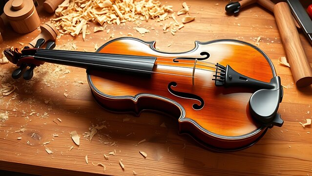 entitling. Unfinished violin on a workbench surrounded by wood shavings, warm wood tones and traditional craftsmanship. safety posters.