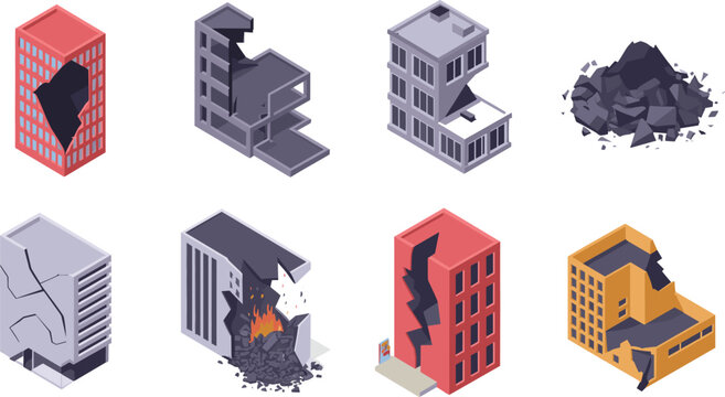 Isometric damaged buildings set, разрушенные здания, disaster scene, broken structures, earthquake damage, urban ruins, cracked walls, collapse illustration vector