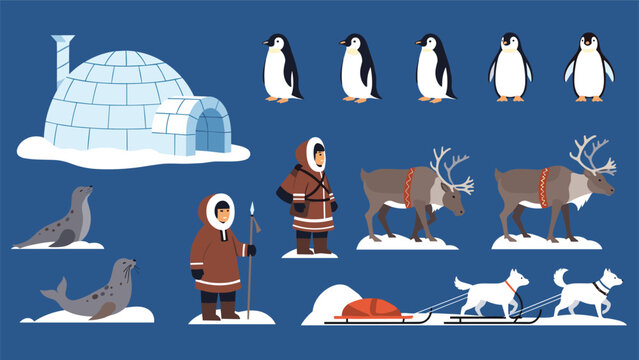 Wide range of arctic themed illustrations including an igloo, penguins, seals, Inuit people, reindeer, and a traditional dog sled.