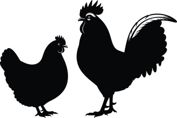 Black silhouette of a rooster and hen standing together isolated on white background for farm animal poultry and livestock design. © Md