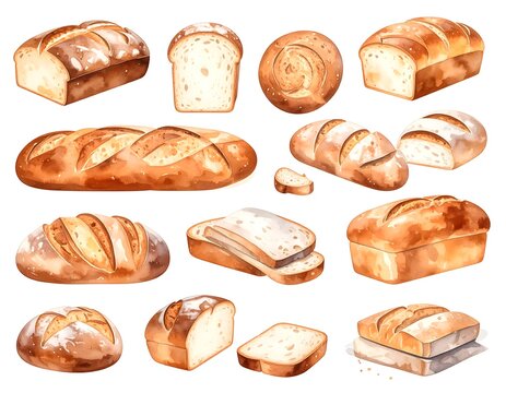 Watercolor painting featuring various bread loaf shapes, sizes, and textures, isolated
