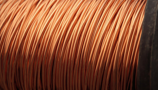 Tightly wound bare copper wire spool macro. Electrical energy texture.