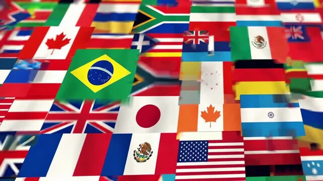 This features a stunning array of national flags from various countries, captured in a dynamic and colorful display. The flags wave gently, symbolizing international unity and cultural exchange.