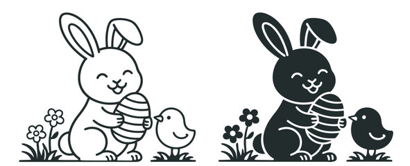 Obraz premium easter bunny with egg and chick, rabbit character with spring flowers, outline and silhouette vector illustration on transparent background