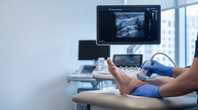 Doctor performing Achilles tendon ultrasound in modern clinic care