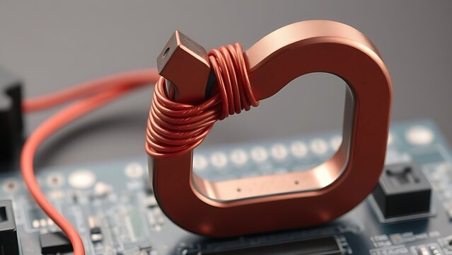 electromagnet. A U-shaped magnet wrapped in copper wire on a circuit board, symbolizing controlled force. symbolizing technological progress and responsible innovation.