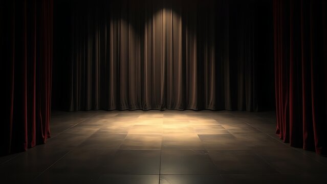 mortification. Theater curtain rises on an empty stage under a single dramatic spotlight. event programs, museum guides, designed for cultural heritage projects and event programs.