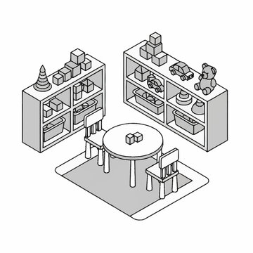 Childrens Playroom with Toys and Furniture.