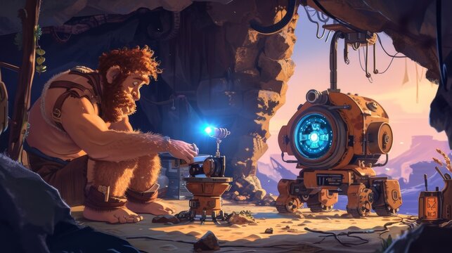 A rugged caveman tinkers with a small futuristic robot inside a dimly lit cave, while a larger robotic companion watches. A unique blend of past and future aesthetics. AI generated.