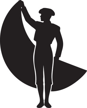 Matador silhouette with bullfighting cape, traditional spanish bullfighter pose, torero illustration, spain culture and tradition, black silhouette of man in matador suit holding muleta.