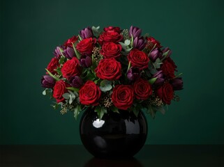 Fototapeta premium Red roses and purple tulips in black ceramic vase on dark background.