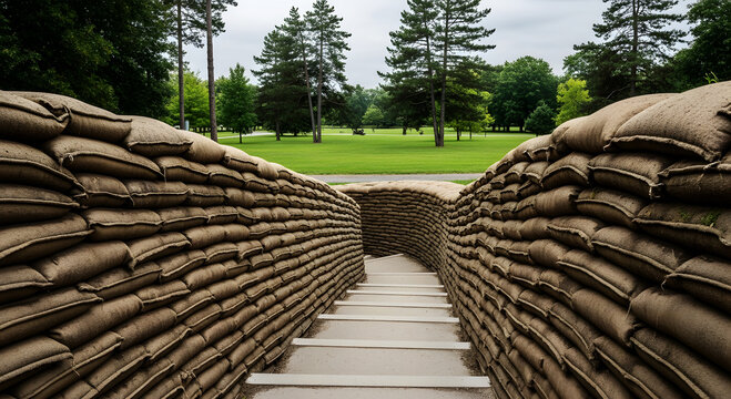 Trench dug into grassy field with sandbag walls and stairs military history