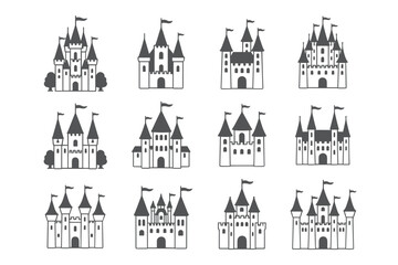 Collection of black and white castle icons with flags and trees © Narendranath