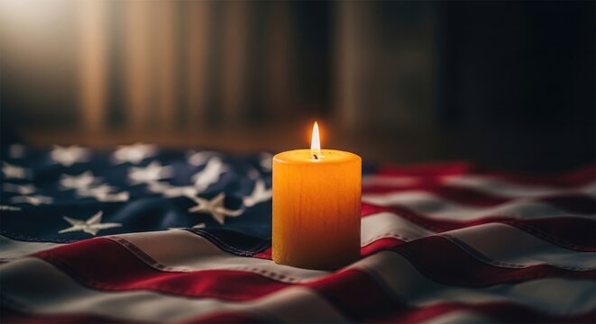 Burning candle resting on a folded american flag memorial remembrance