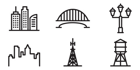 Naklejka premium Bold Line Art City and Urban Infrastructure Icons