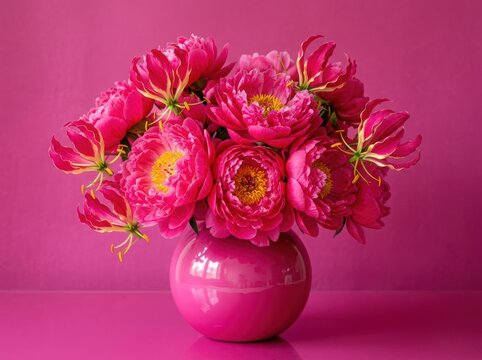 Vibrant pink peonies and gloriosa lilies in vase on matching background.