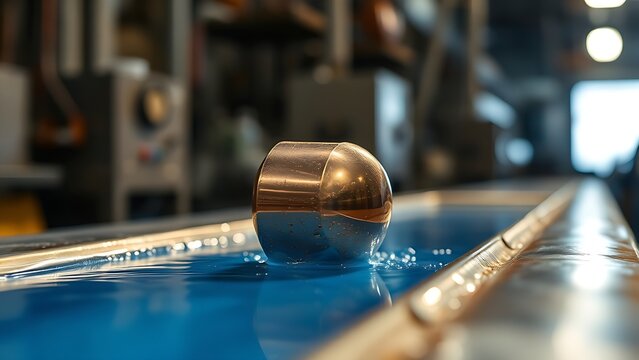electrolytic. A copper part emerging from a blue electrolytic bath in an industrial setting. safety posters, maintenance manuals, designed for precision metalworking and fabrication facilities.