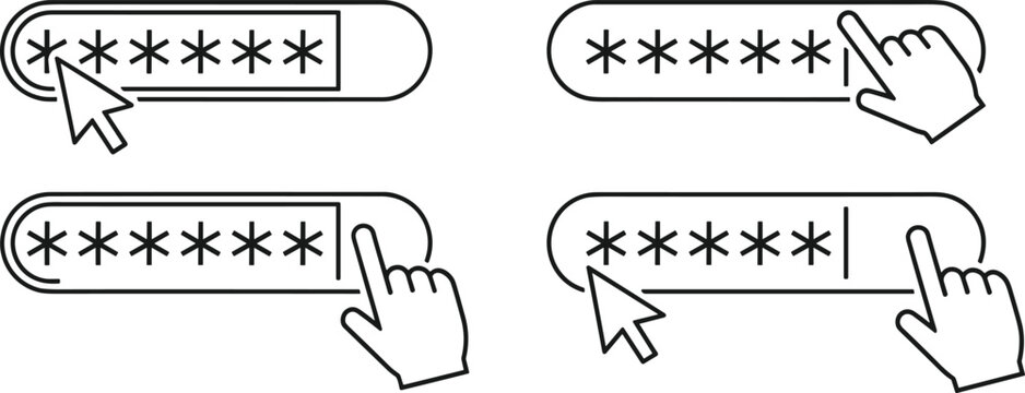 Set of password field icons with hidden characters and pointer or hand cursor for web design.