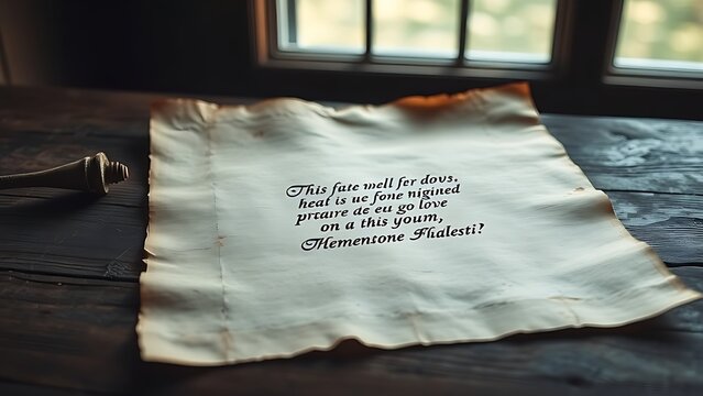 aphorism. Weathered scroll of aged parchment with elegant calligraphy on a rustic wooden table. event programs, museum guides, designed for cultural heritage projects and event programs.