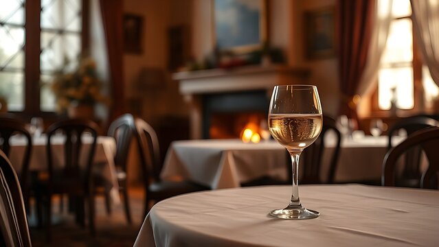 epilogue. A cozy dining room with a fireplace and a glass on the table. real-estate listings, architecture portfolios, designed for real-estate listing and luxury residence showcases.