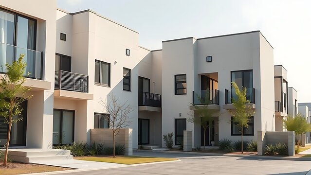 A modern housing complex with clean architectural lines, illuminated by soft daylight.
