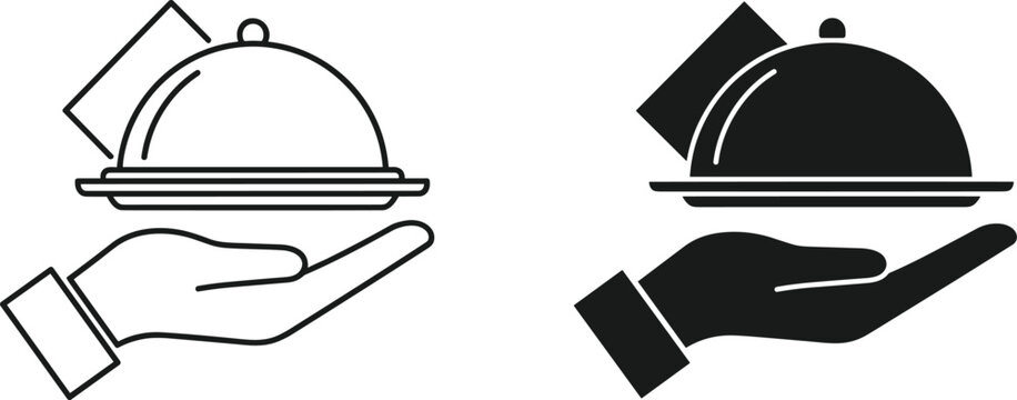 Waiter hand holding serving cloche and tray icon set vector illustration.