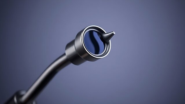 speculum. A classic medical otoscope with metal speculum reflecting clinical light on dark background. STEM education sheets.